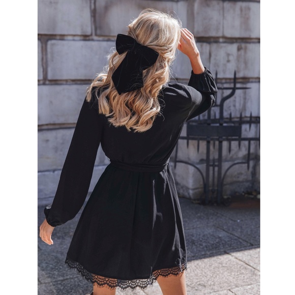 V-Neck Wrap Black Lace Trim Mini Dress - Picture 2 of 7